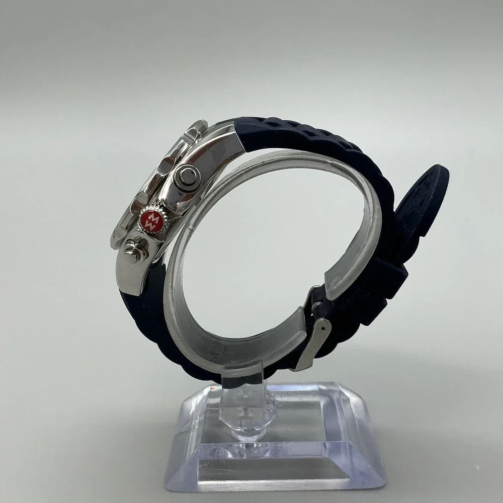 Michele Tahitian Womens Watch 41mm Silver Tone Chrono Blue Rubber New Battery